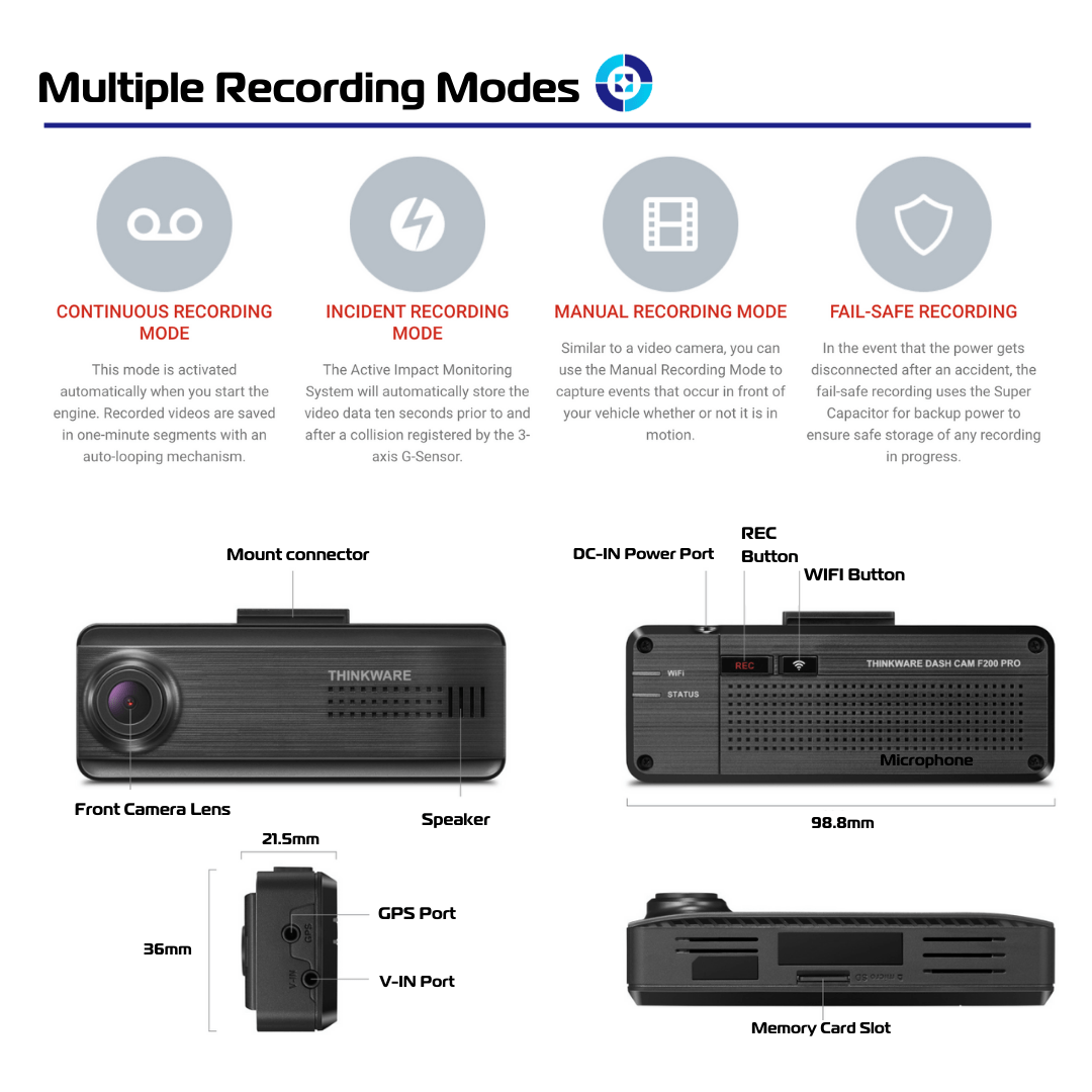 Thinkware F200 Pro Dash cam - Front Facing Modes  - Trackershop